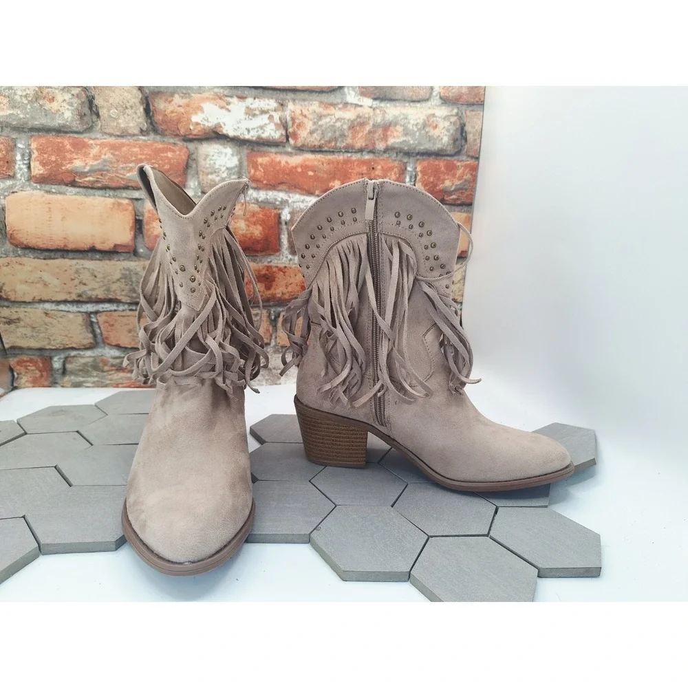 Women's 6.5 Brown Suede Western Ankle Booties Pointed Toe Cowgirl Studded